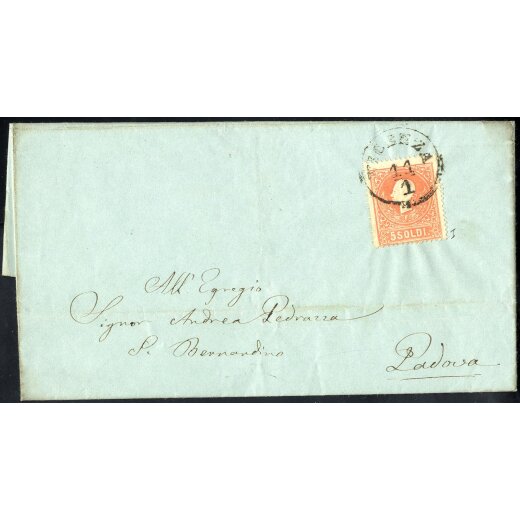 1858, 5 Soldi rosso primo tipo, su lettera da Vicenza il 11.1., per Padova, (Sass. 25 - ANK 9I)