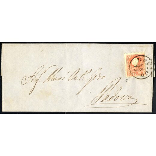 1858, 5 Soldi rosso primo tipo, su lettera da Rovigo il 26.11., per Padova, (Sass. 25 - ANK 9I)