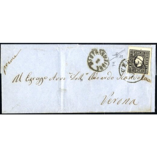1859, 3 Soldi nero secondo tipo, su lettera da Verona il 28.7., per citt?, certificato Sorani, (Sass. 29 - ANK 7II)