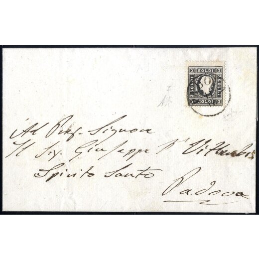 1858, 3 Soldi nero, primo tipo, su lettera da Padova per citt?, splendido, cert. A. Diena (Sass. 24 / 1250,-)