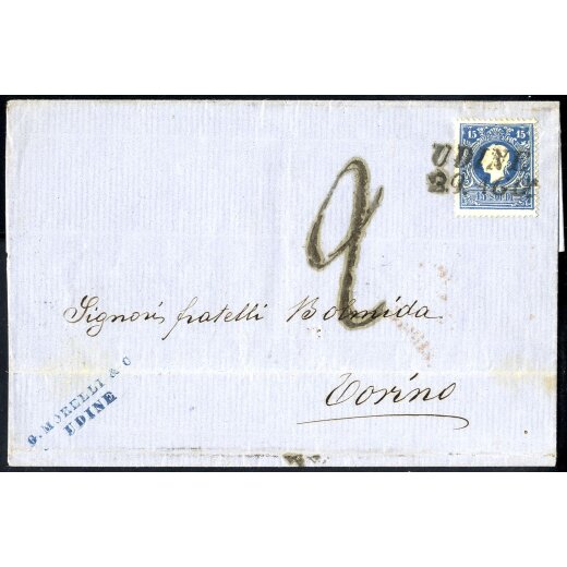 1859, 15 Soldi azzurro secondo tipo, su lettera da Udine il 29.8., per Torino (Sass. 32 - ANK 11II)