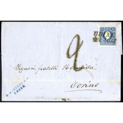 1859, 15 Soldi azzurro secondo tipo, su lettera da Udine...