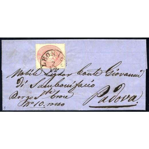 1863, 5 Soldi rosa, su lettera da Legnago il 2.12., per Padova, (Sass. 38- ANK 16)