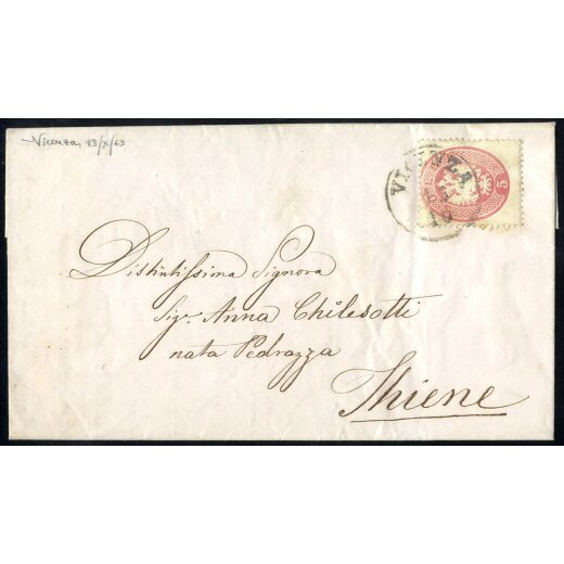 1863, 5 Soldi rosa, su lettera da Vicenza il 13.10., per Thiene, (Sass. 38- ANK 16)