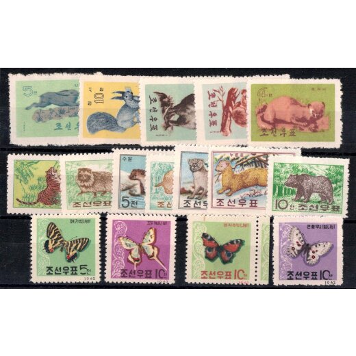 1962, Tiere, 3 Ausgaben (Mi. 368-74+380-83+433-37)