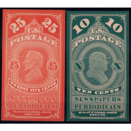 1865, Zeitungsmarken, &quot;NEUDRUCKE&quot;, 10 + 25 Cent. (Mi. 2+3ND)