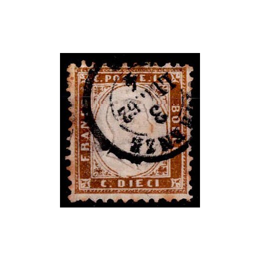 1862, 10 Cent. bistro giallastro, usato, leggermente macchiato al verso, firm. A. Diena (Sass. 1)