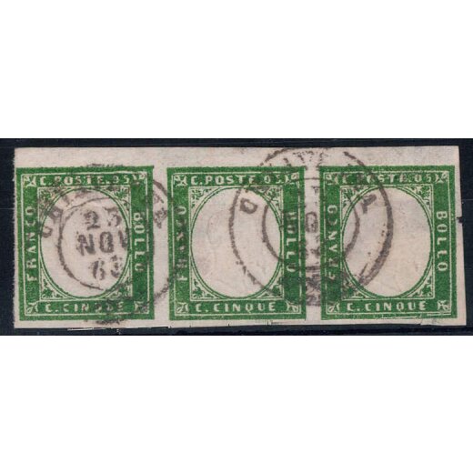 1863, 5 Cent. verde cupo, striscia di tre orizzontale usate a Chiavenna 23.11.1863 (Sass. 13E / 125,-)