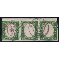 1863, 5 Cent. verde cupo, striscia di tre orizzontale...