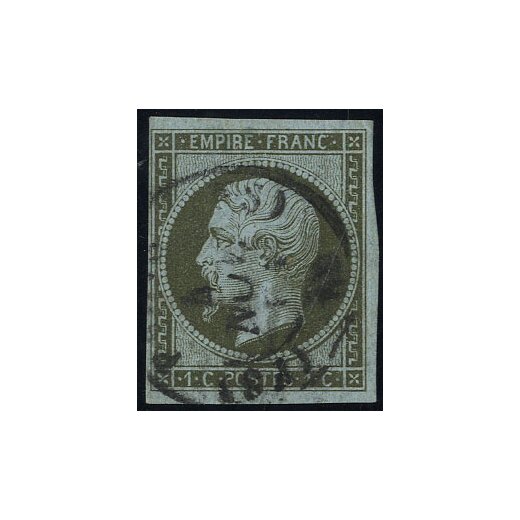 1853, 1 C bronzeoliv auf bl&auml;ulich, Mi. 10 / 100,- Unif. 11