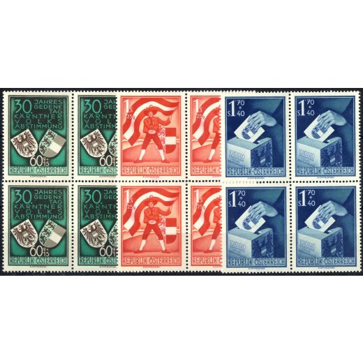 1950, K&auml;rntner Abstimmung, 3 Werte im Viererblock (ANK 964-66 / 720,- U. 788-90)