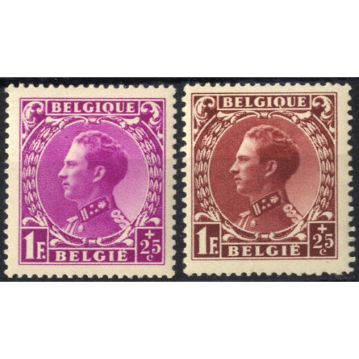 1934, 1 Fr + 25 C purpur und braunkarmin, Mi. 383+385 / 50,-