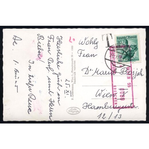 1960, zwei Postkarten von Semmering bzw. Rosenburg (frankiert mit 70 Gr. Trachten bzw. 1 S. Mariazell) nach Wien, je mit rotlila Taxstempel "WIEN ..., NACHGEBÜHR 0080 (bzw. 0150) GROSCHEN" und schwarzes "T" (ANK. 1060, 1097).