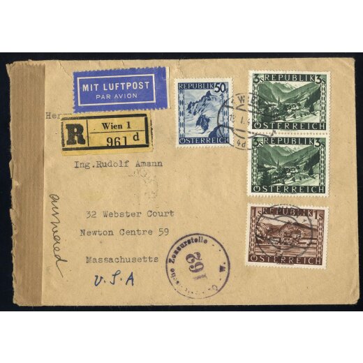 1947, zwei Luftpostbriefe, davon einer rekommandiert, von Wien bzw. Salzburg nach Newton Center Mass. (USA), frankiert mit Landschaften 50 Gr. + 1 S. + Paar 3 S. bzw. mit 80 Gr. und 1 S. (Brief hinten eingerissen), je sauber und übergehend gestempelt, Zen
