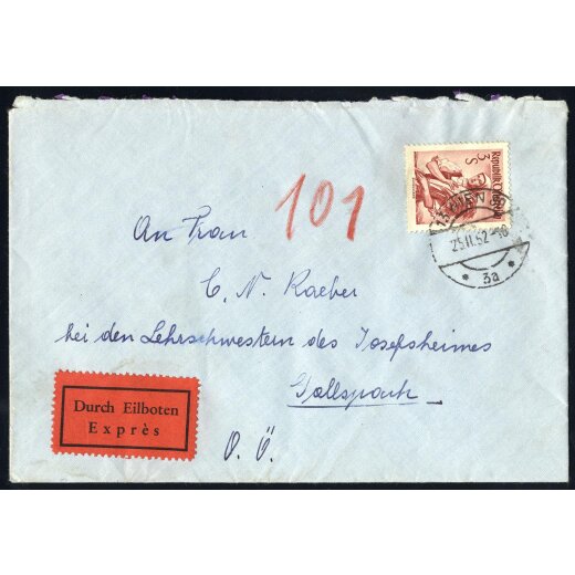 1950-52, 3 Expressbriefe, davon einer von Wien nach Gallspach, Einzelfrankatur mit 3 S. Trachten, und zwei in die Schweiz: von Attnang Puchheim mit 5 S + 2 x 15 Gr., bzw. von Bludenz mit 5 S. und 2,40 S., sehr gute Erhaltung (ANK. 918, 921, 890, 915).