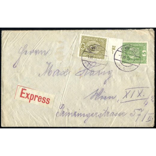 1918, Expressbrief von Semmering 1.7.1918 nach Wien, Ankunftsstempel rückseitig