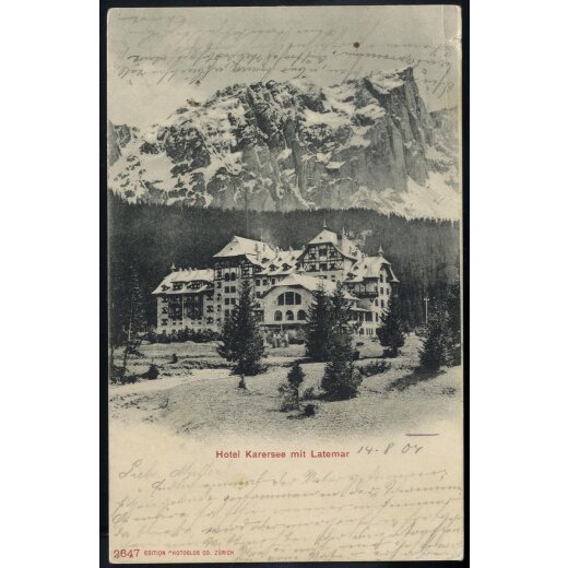 1904, "HOTEL KARERSEE" Schraffenstempel auf gleicher Karte vom 14.8.04 nach St. Nikolaus in Ulten mit ANK. 87, Einkreisstempel St. Wallburg - Ulten
