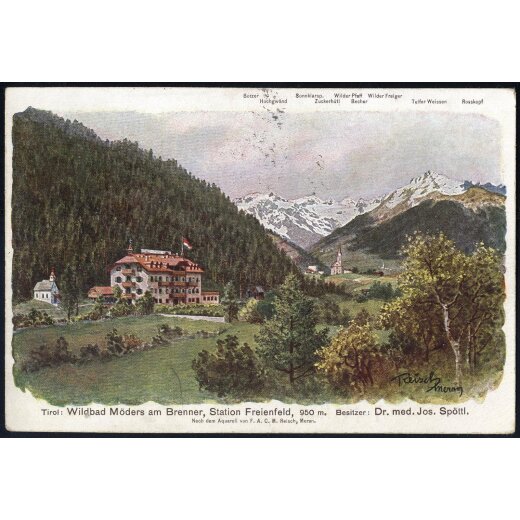 1908, Reisch-Karte Wildbad M&ouml;ders am Brenner mit Stempel &quot;FREIENFELD&quot; nach Gries bei Bozen auf ANK 142
