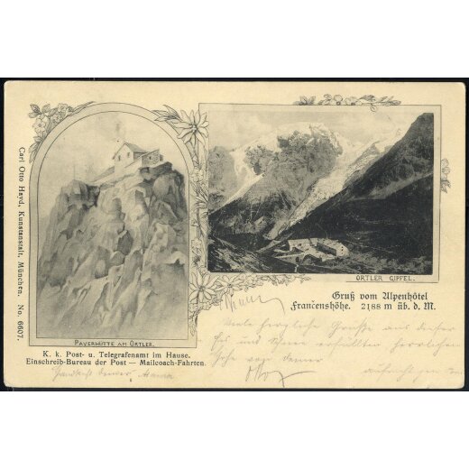 1899, "FRANZENSHÖHE" Einringstempel auf "Gruss vom Alpenhotel Francenshöhe" Karte vom X.8.99 nach Weiten mit ANK. 51