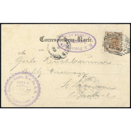 1899, Postablage "Schlernhäuser" violett auf Ansichtskarte (Vaioletttürme) mit 2 Kr., Seifert 5 P., Klein 90 P
