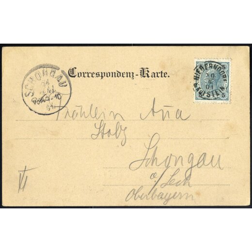 1901, "NIEDERNDORF b. KUFSTEIN 30.5.01" Fingerhutstempel auf "Gruß aus Wildbichl" Karte mit ANK 72