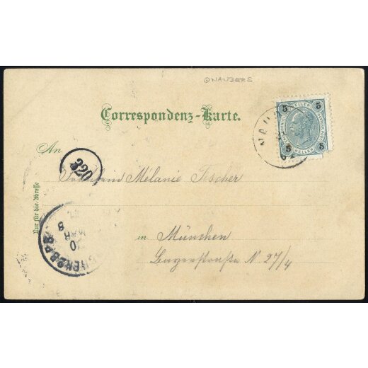 1901 "NAUDERS" Einkreisstempel auf Reischkarte von Hochfinstermünz mit ANK 72, Marke Eckschaden