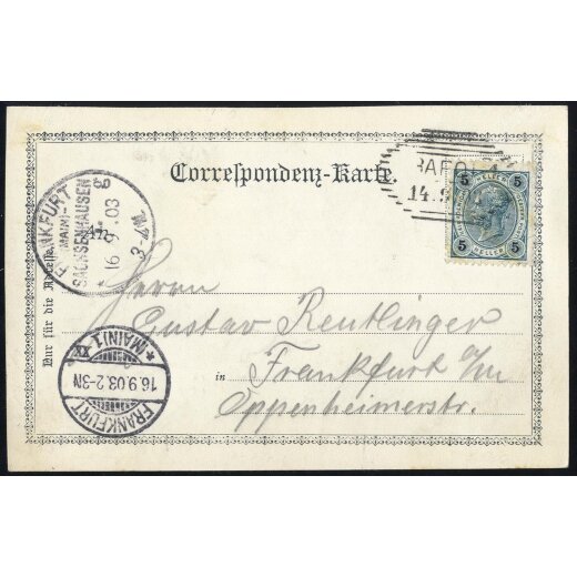 1903, "TRAFOI 1 14.9.03" Schraffenstempel auf "Gruss aus Trafoi" Karte nach Frankfurt a/M, mit ANK 87
