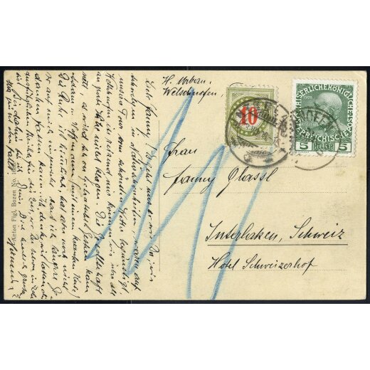 1908, "WELSCHNOFEN 22.7.08" Einkreisstempel auf bildgleicher Ansichtskarte mit 5 H., nachfrankiert mit 10 C., in Interlaken (Schweiz)