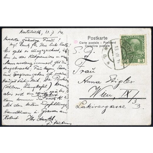 1914, "KASTELRUTH 13.7.14" auf Ansichtskarte "Postgasthof zum Lamm" mit ANK 142