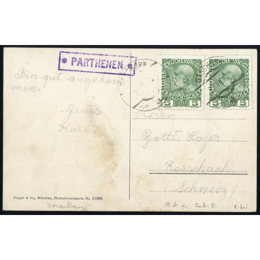 1912, "* PARTHENEN *", violetter Stempel auf Karte vom 27.7.1912 nach Rorschach mit zwei Stück ANK 142 frankiert (Kühnel 5P.)