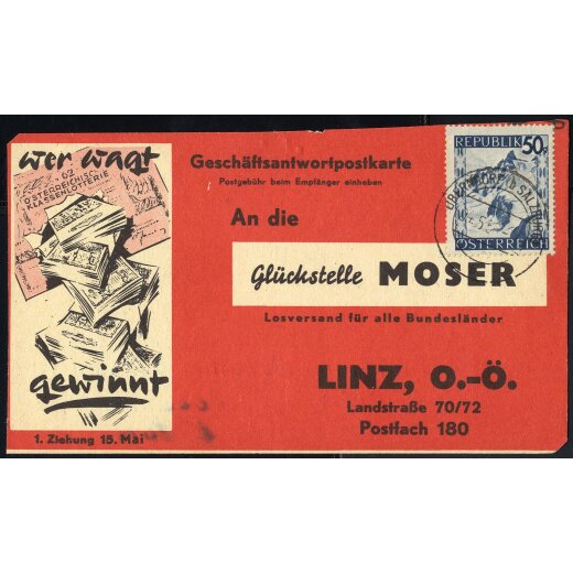 1956, Bestellkarte der 62. Klassenlotterie, von Oberndorf 4.5.1956 nach Linz mit Landschaften 50 Gr. frankiert (ANK 760)