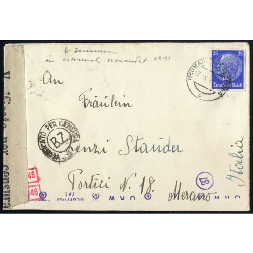 1941, Brief von Neumarkt bei Salzburg 17.9.1941 nach Meran mit 25 Pf. Hindenburg frankiert, sechs verschiedene Zensuren (Mi. 522)