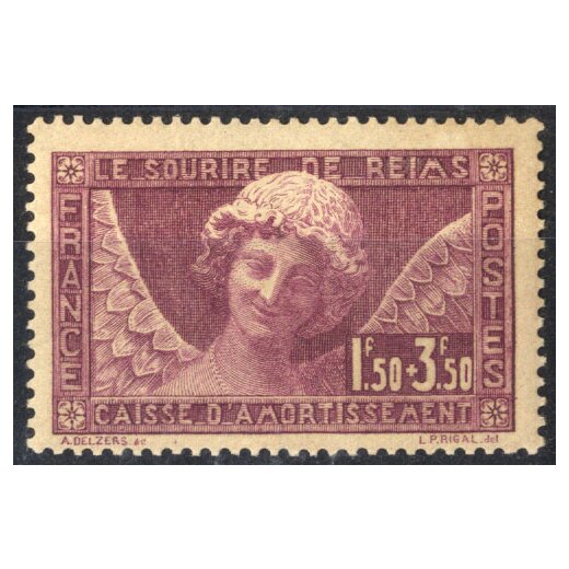1930, Sorriso di Reims, 1,50 + 3,50 Fr., firm. Fiecchi (U. 256 - Mi. 248)