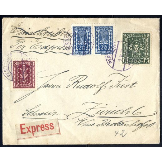 1922, Expressbrief von Pertisau 9.6.1922 nach Z&uuml;rich (7. Periode) mit ANK 367+370+370+401 frankiert, Ankunftsstempel