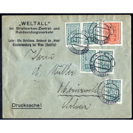 1922, Auslandsbrief von Klosterneuburg 27.9.1922 in die Schweiz mit ANK 369x5 + 373 frankiert (9. Periode)