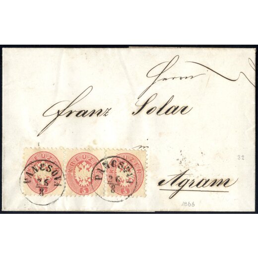 1864, 5 Kr. rosa, Dreierstreifen auf Brief von Pancsova nach Agram (ANK 32)