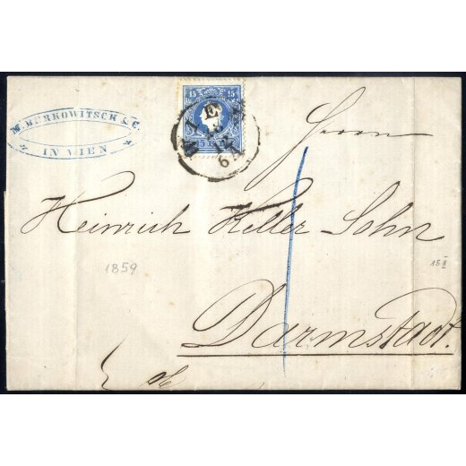 1859, 15 Kr. blau, Type II, auf Auslandsbrief von Wien 28.12.1859 nach Darmstadt, Taxe "1" vorne (ANK 15II)