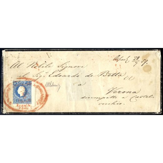 1859, "Rotstempel", 15 Kr. blau, Type auf rekommandiertem Trauerkuvert von Wien nach Verona, rückseitige Rekofrankatur beim Öffnen zertrennt (ANK 15II)