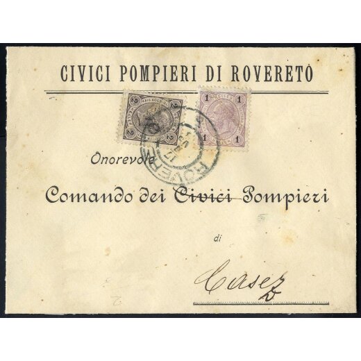 1901, "ROVEREDO 17 / 1 / 05 / 4", Doppelkreisstempel auf 1 H. + 2 H., beide mit Lackstreifen auf Trauerbrief nach Casez (ANK 84+85)