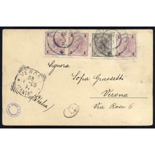 1901, "ROVEREDO 22 / 7 / 05 / 7", Doppelkreisstempel auf Paar und Einzelstück 1 H. + 2 H., alle mit Lackstreifen, auf Auslandskarte nach Verona (ANK 84+84+84+85)
