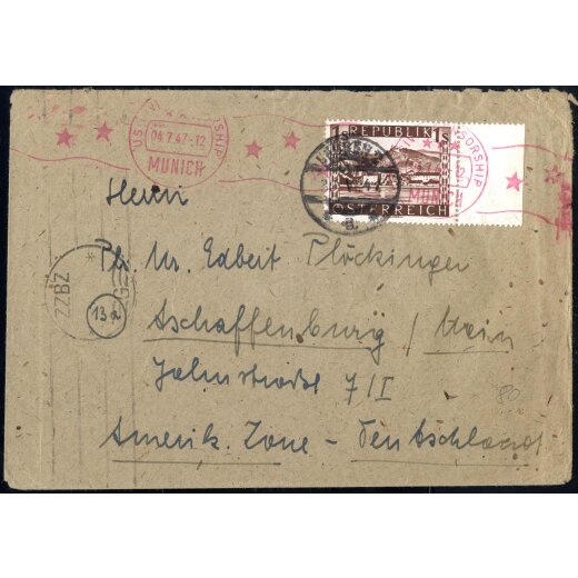 1947, Brief mit Einzelfrankatur 1 S von Leoben am 30.6. nach Aschaffenburg (Deutschland), zensuriert, ANK 771