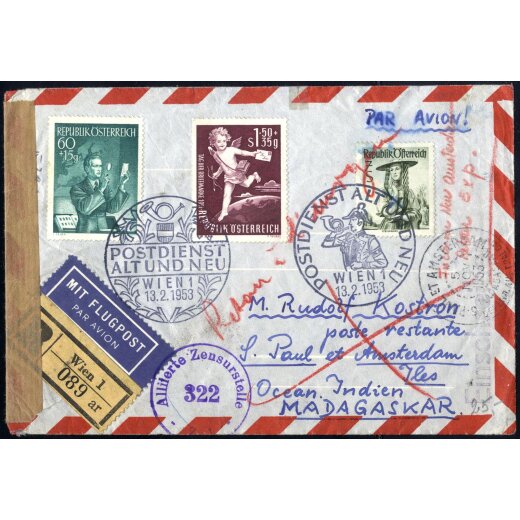 1953, eingeschriebener Luftpostbrief von Wien am 13.2. nach Madagaskar, zensuriert, ANK 922,974,988