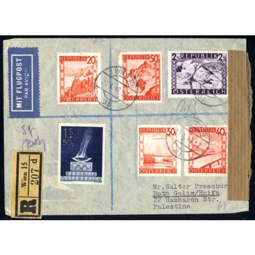 1948, eingeschriebener Luftpostbrief von Wien am 20.1. nach Palestina, frankiert über 458 Gr, zensuriert, ANK 847-849,851-854,860,863