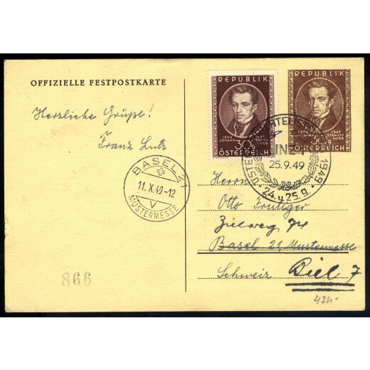 1949, Johann Strauß Vater, Korrespondenzkarte mit gleicher Zusatzfrankatur in die Schweiz, Schneiderbauer 158