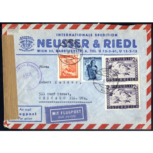 1948, Luftpostbrief von Wien am 11.3. nach Chicago (USA), zensuriert, ANK 848,860,889