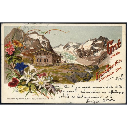 1901, "Gruss von der Franz Senn Hütte", AK, gebraucht