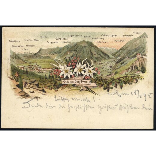 1898, "Gruss aus Dorf Tyrol", AK, gebraucht