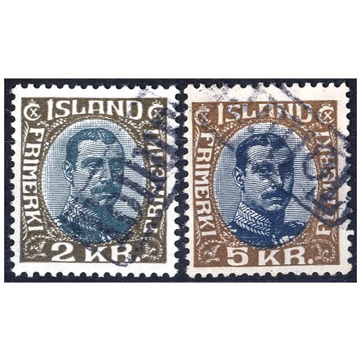 1920, Christian X, zwei Höchstwerte 2 und 5 Kr mit TOLLUR Entwertung, Mi. 97,98