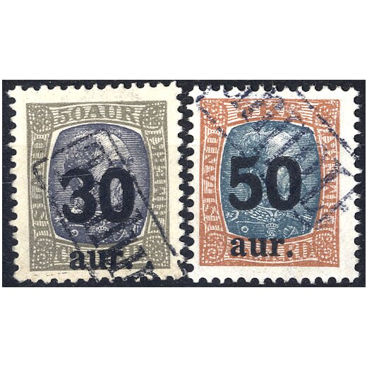 1925, Christian IX, zwei Werte mit Aufdruck 30 A auf 50 und 50 A auf 5 Kr mit TOLLUR Entwertung, Mi. 112,113