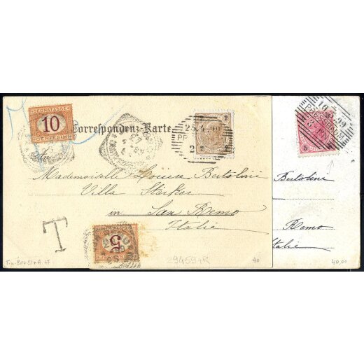 1890, 2 Ansichtskarten von Pressbaum 1899 nach San Remo (Italien) einmal frankiert mit 5 Kr. und einmal mit 2 Kr. und daher mit 5 + 10 c. Nachtaxe belegt